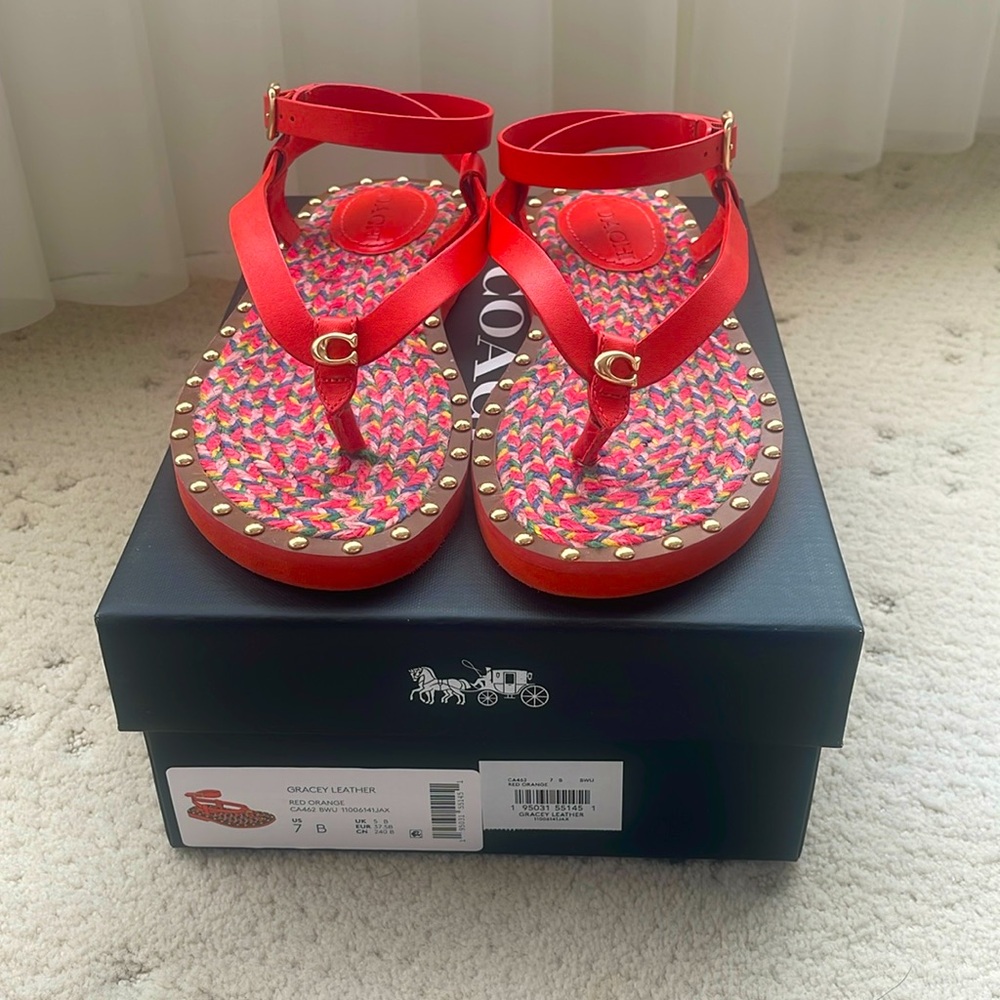 COACH Red Orange Gracey Leather Thong Sandal Size 7B